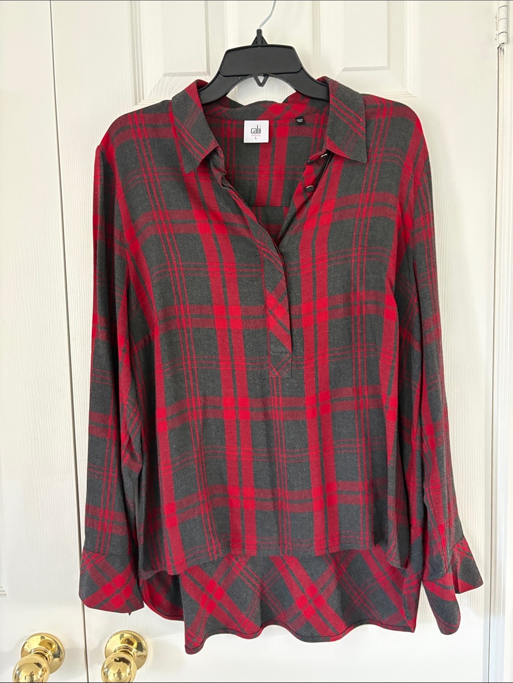 CAbi Red & Charcoal Plaid Tunic Blouse